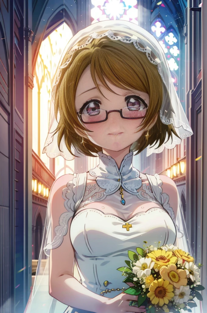 hanayo koizumi, hanayo　Koizumi, short hair, Brown Hair, Purple eyes,Big Breasts,happy smile, smile, Close your mouth,Wedding dress,Veil,bouquet,Flower storm,Black-rimmed glasses,Tears stream down her face,Tears of joy,I cry a lot,　　　　　　　　　　　　　　　　　　　　break looking at viewer, whole body,(Cowboy Shot:1. 5) 　　　　　　　　　　　　　　　　　　　break indoors, Chapel,church, 　　　　　　　　　　　break (masterpiece:1.2), Highest quality, High resolution, unity 8k wallpaper, (shape:0.8), (Beautiful attention to detail:1.6), Highly detailed face, Perfect lighting, Highly detailed CG, (Perfect hands, Perfect Anatomy),