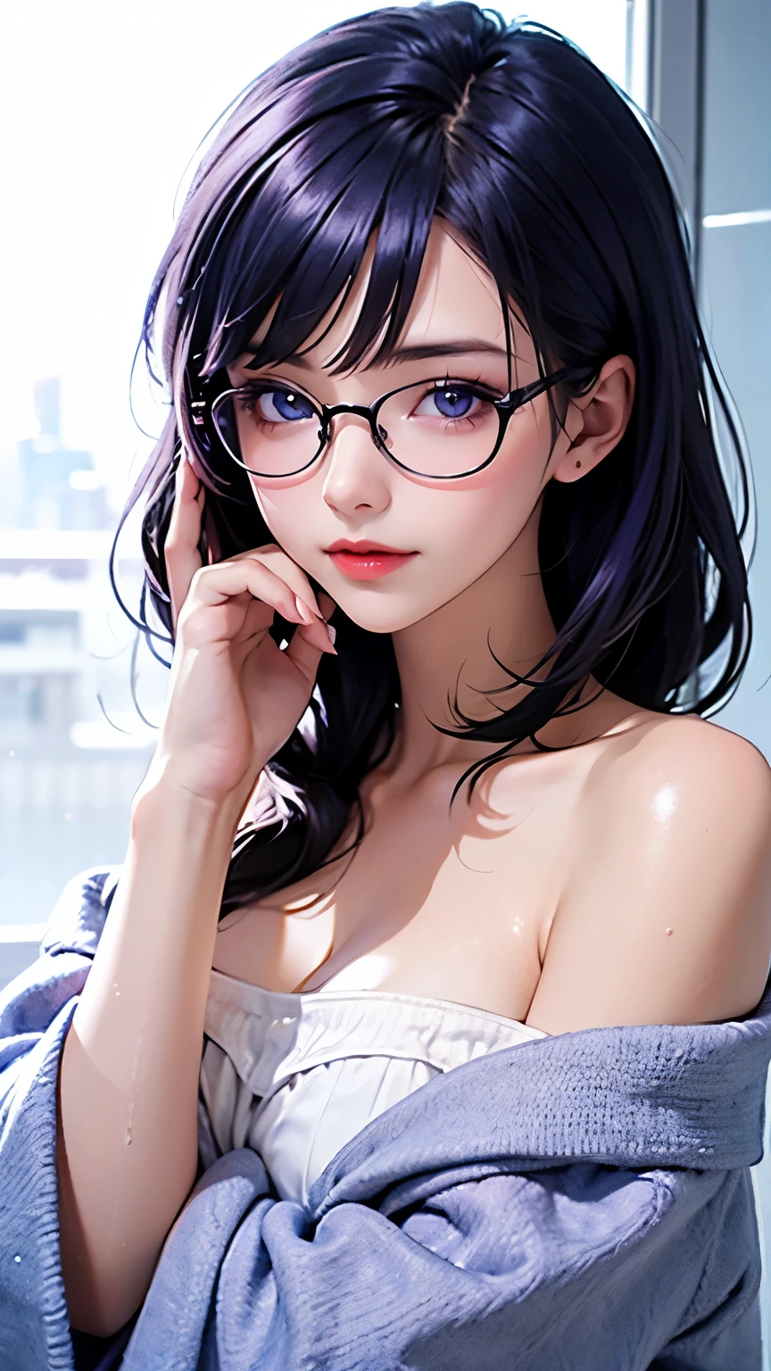 1 Girl, Purple Hair, Beautiful Hair, blue eyes, compensate, Perfect Face, Perfect body, winter, Tokyo, night, In the shower, Glasses, Wolf Cut Hairstyle