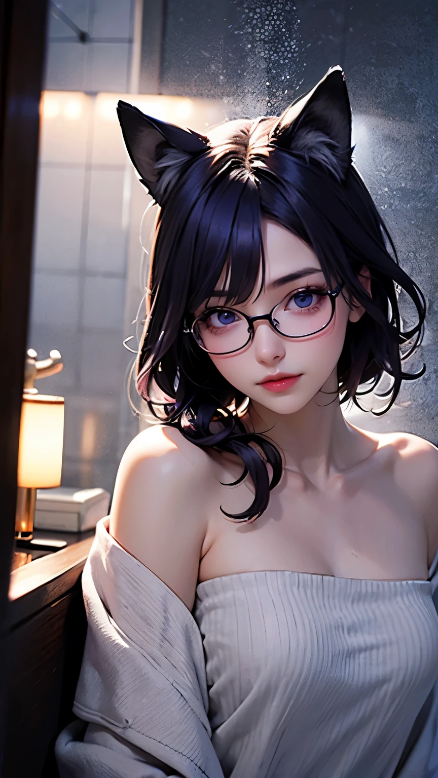 1 Girl, Purple Hair, Beautiful Hair, blue eyes, compensate, Perfect Face, Perfect body, winter, Tokyo, night, In the shower, Glasses, Wolf Cut Hairstyle