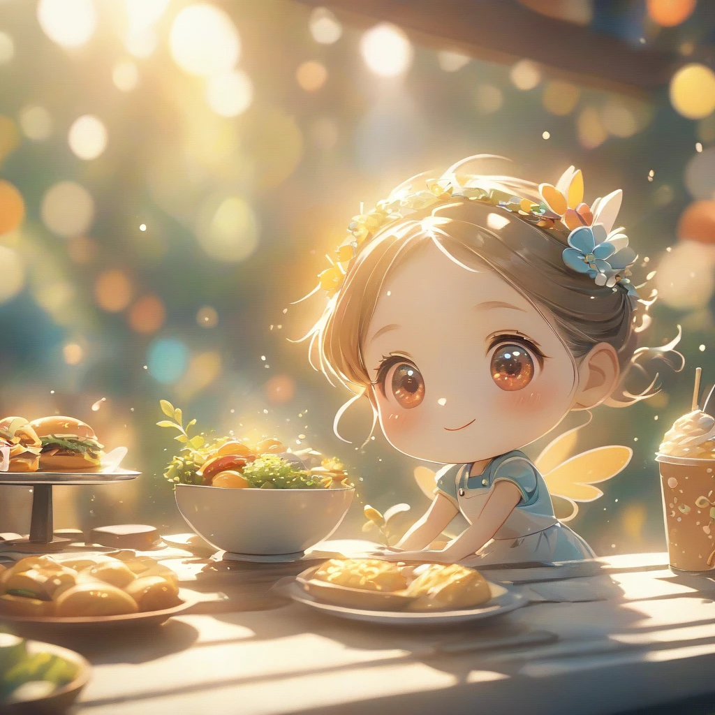 Beautiful close-up, Lovely, Hardworking and lively fast food restaurant clerk.Beautiful and textured foreground and background，detailed, bright, Animation style HD high quality presentation,（（（Romantic atmosphere）））（（（fairy tale elements）））（（（masterpiece）））， （（best quality））