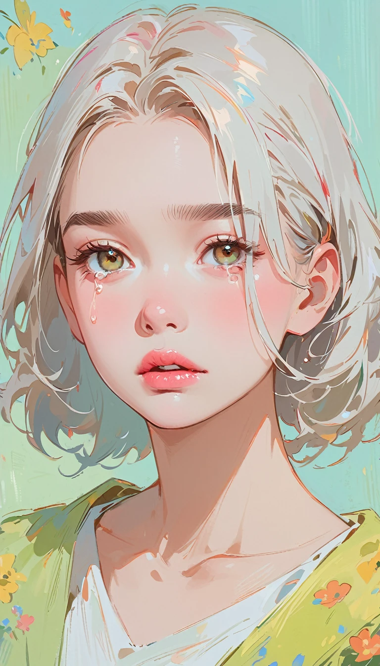 (masterpiece、Highest quality: 1.2)、1 Girl、、Anime Style、Gray Hair、Pink Lips、Fairy、sad、tears、In the style of famous portrait painters、Light Blue Background。