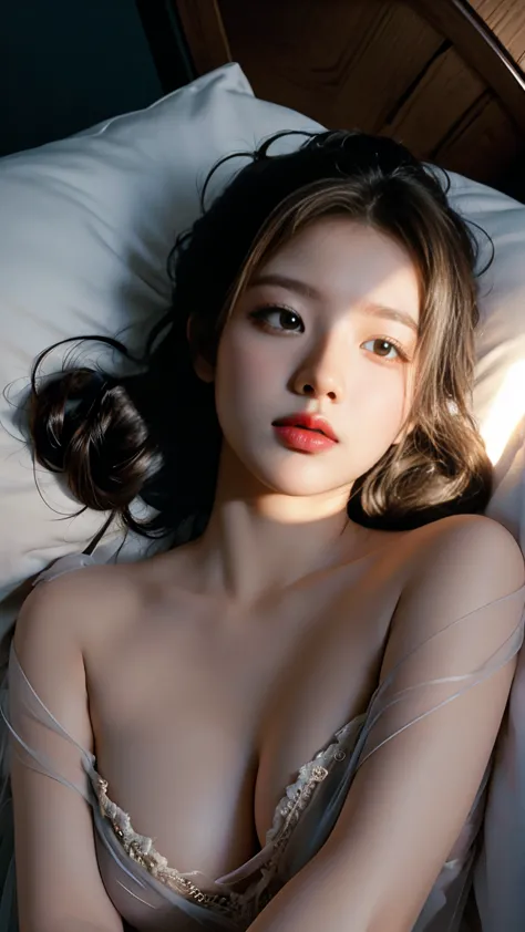 couture fashion photography, an award winning photo of a beautiful girl in nightgown, bun, lying in bed, dark lighting, (deep sh...