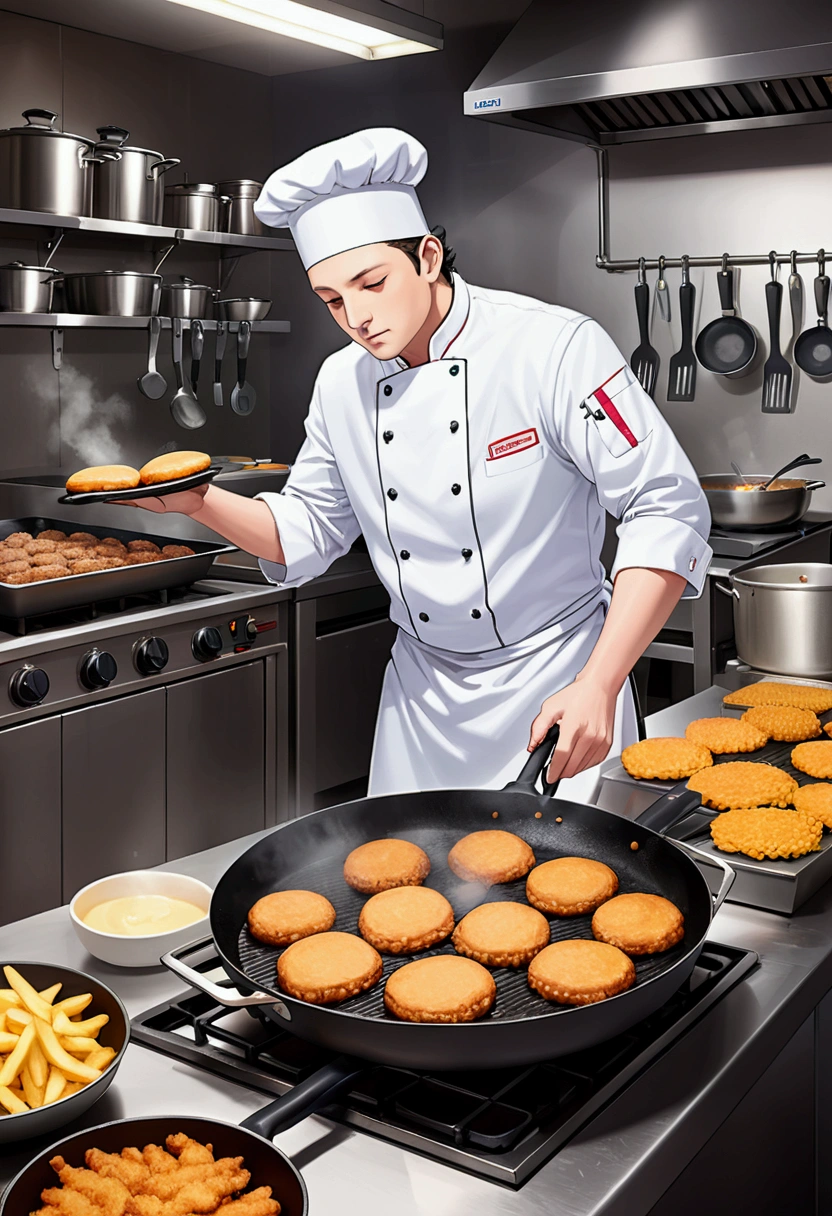 (Fast Food Worker), A white chef's assistant is frying hamburger patties in the back kitchen of a fast food restaurant, while the fries in the nearby frying pan are crackling. The kitchen is filled with the aroma of fried food, and the assistant is closely monitoring every detail to ensure the quality of the food. The background is a busy kitchen, full body, (Photography), panoramic view, award-winning, cinematic still, emotional, vignette, dynamic, vivid, (masterpiece, best quality, Professional, perfect composition, very aesthetic, absurdres, ultra-detailed, intricate details:1.3)