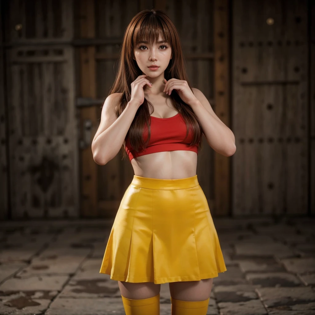 Kasumi, brown eyes, (best quality, ultra-detailed), (realistic:1.37), beautiful and detailed face, ultra-realistic texture, delicate face, delicate body, red lipstick, bright colors. High definition, 8K.