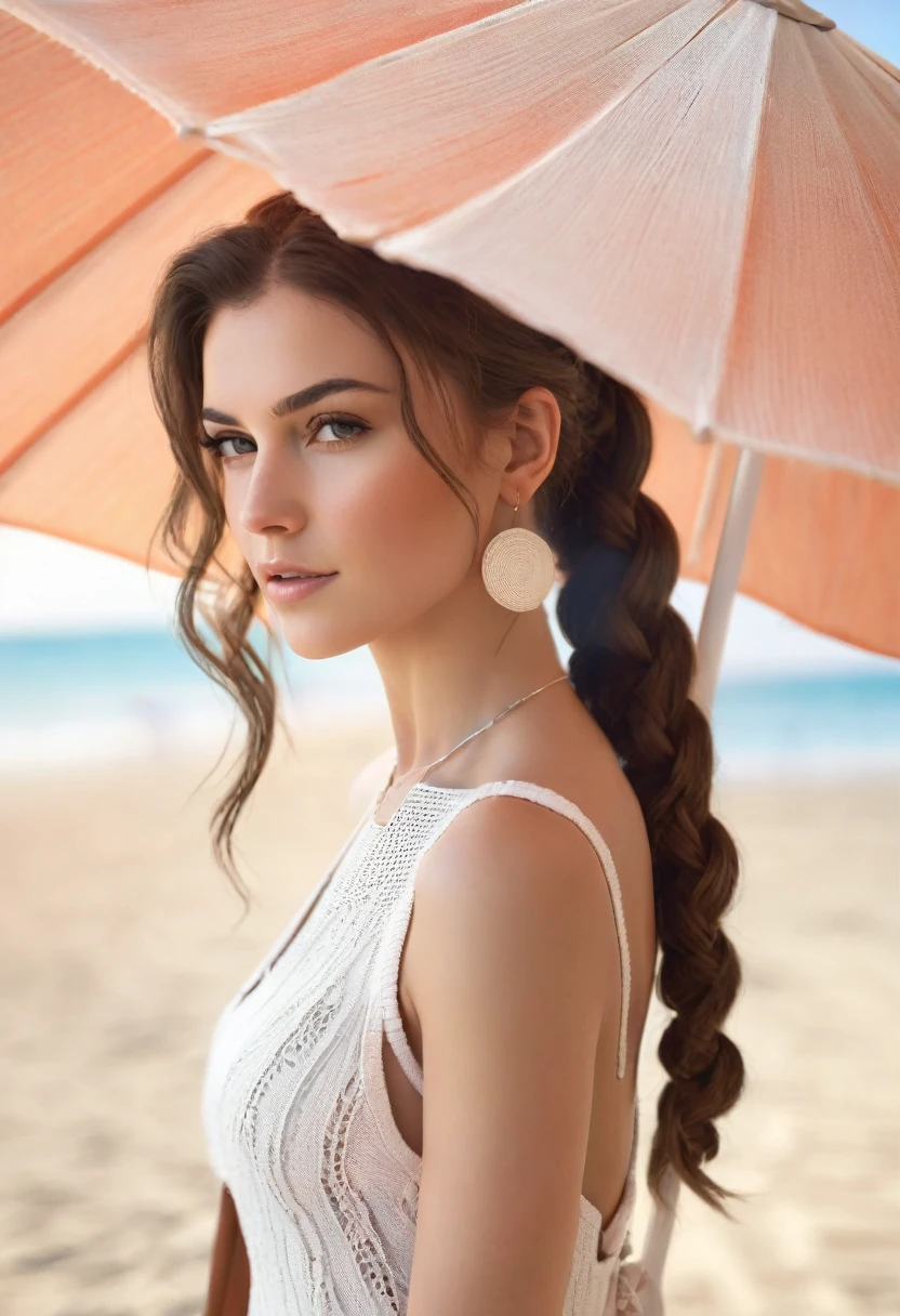 24 year old brunette woman, european, photo, on the beach, bright lighting, colorful, serene, full-body-view, high-resolution, 8k, masterpiece, top-quality, hyper-realistic, beautiful, highly-detailed, professional, ultra-realistic, epic, cinematic, beautiful skin, realistic skin, detailed face, high ponytail hair, braided hair, wavy hair, knit peach dress, white summer hat, necklace, resting under a beach umbrella, superb