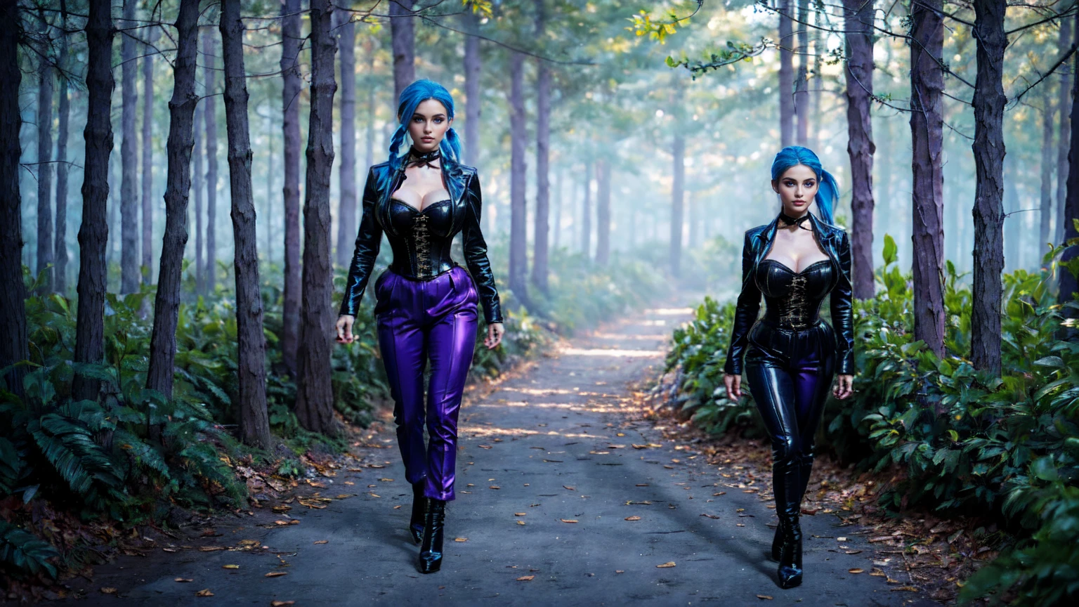 jinx, blue hair,blue long curly ponytail, blue leahter corset, black jacket, big breast, purpble tight leahter Trousers, purple belt, black long high heels boots,walking in the Forestn