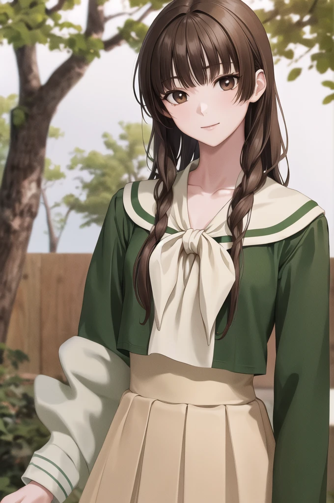 masterpiece, Highest quality, High resolution, Ayayoshino, Long Hair, Twin Blade, Brown eyes, Hair that falls over the shoulders, , Sailor collar, neckerchief, Green Shirt, Sailor shirt, Long sleeve, Green Skirt, Long skirt, Are standing, Cowboy Shot, Outdoor,