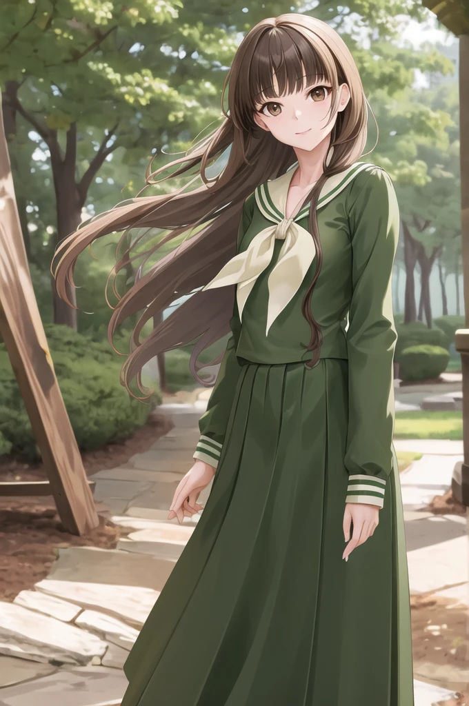 masterpiece, Highest quality, High resolution, Ayayoshino, Long Hair, Twin Blade, Brown eyes, Hair that falls over the shoulders, , Sailor collar, neckerchief, Green Shirt, Sailor shirt, Long sleeve, Green Skirt, Long skirt, Are standing, Cowboy Shot, Outdoor,