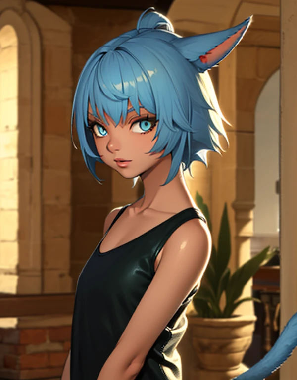 (masutepiece:1.2, Best Quality, Photo Real Stick), 1girl, radhy_shamar \(ffxiv\), (Cool Beauty), pixie cut, Blue hair, cat ears, cat tail:1.2, ((no-human ears:1.2, no-pinted ears:1.2)), light-cyan eyes, middlebreasts, ((black camisole:1.4, green leather-jaket:1.4)), red mini-skirt, ((Face Close-up:1.2, Face Focus:1.2, Looking at Viewer, Upper body)), Smile lightly without opening your mouth, fantasy background,