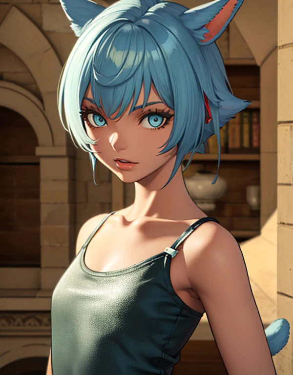 (masutepiece:1.2, Best Quality, Photo Real Stick), 1girl, radhy_shamar \(ffxiv\), (Cool Beauty), pixie cut, Blue hair, cat ears, cat tail:1.2, ((no-human ears:1.2, no-pinted ears:1.2)), light-cyan eyes, middlebreasts, ((black camisole:1.4, green leather-jaket:1.4)), red mini-skirt, ((Face Close-up:1.2, Face Focus:1.2, Looking at Viewer, Upper body)), Smile lightly without opening your mouth, fantasy background,