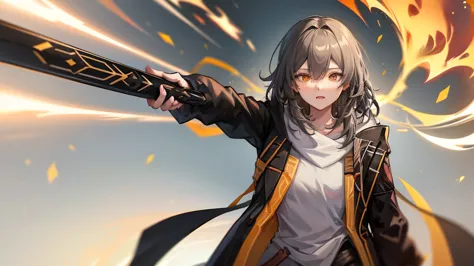 Anime girl with black coat with flame sword, from girls frontline, girls frontline style, rogue anime girl, female protagonist, ...