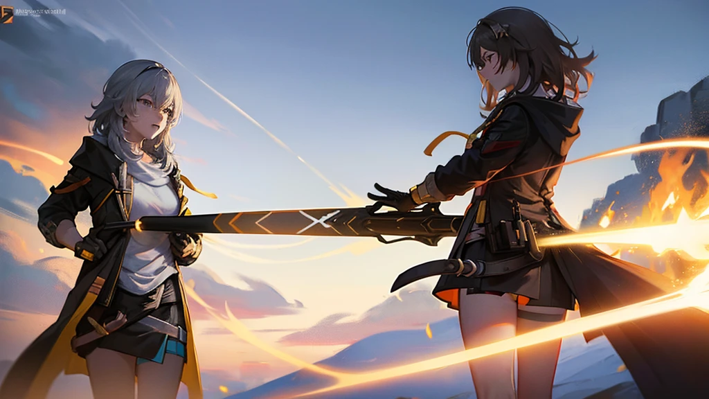 Anime girl with black coat with flame sword, from girls frontline, girls frontline style, rogue anime girl, female protagonist, female action anime girl, girls frontline