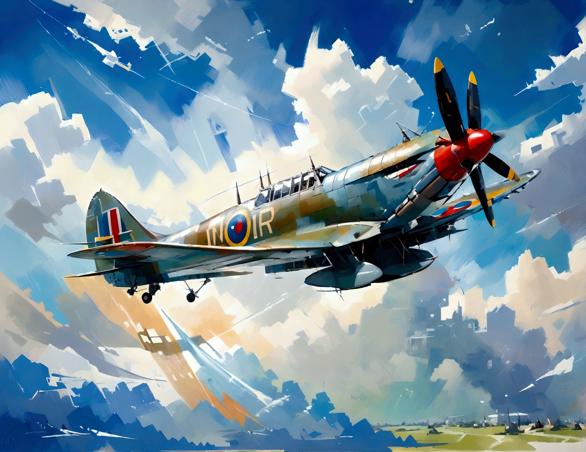 avião Spitfire da Segunda Guerra Mundial voando no céu, fundo de céu isolado, ilustração de Leonardo, estilo vetorial , (lora: Ilustração de Leonardo:1), pintura a óleo e aquarela