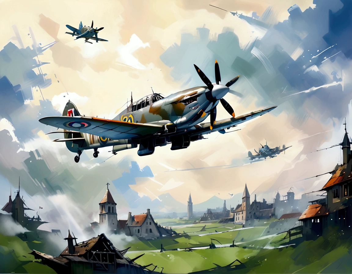 Aviones Spitfire de la Segunda Guerra Mundial volando en el cielo, Fondo de cielo aislado, ilustración de leonardo, estilo vectorial , (lora: Leonardo-ilustracion:1), pintura al oleo y acuarela