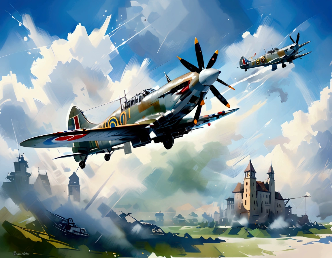 Aviones Spitfire de la Segunda Guerra Mundial volando en el cielo, Fondo de cielo aislado, ilustración de leonardo, estilo vectorial , (lora: Leonardo-ilustracion:1), pintura al oleo y acuarela