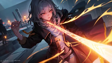 A beautiful anime girl with a black coat, holding a flame sword, in the style of Girls Frontline, a rogue anime girl, a female p...