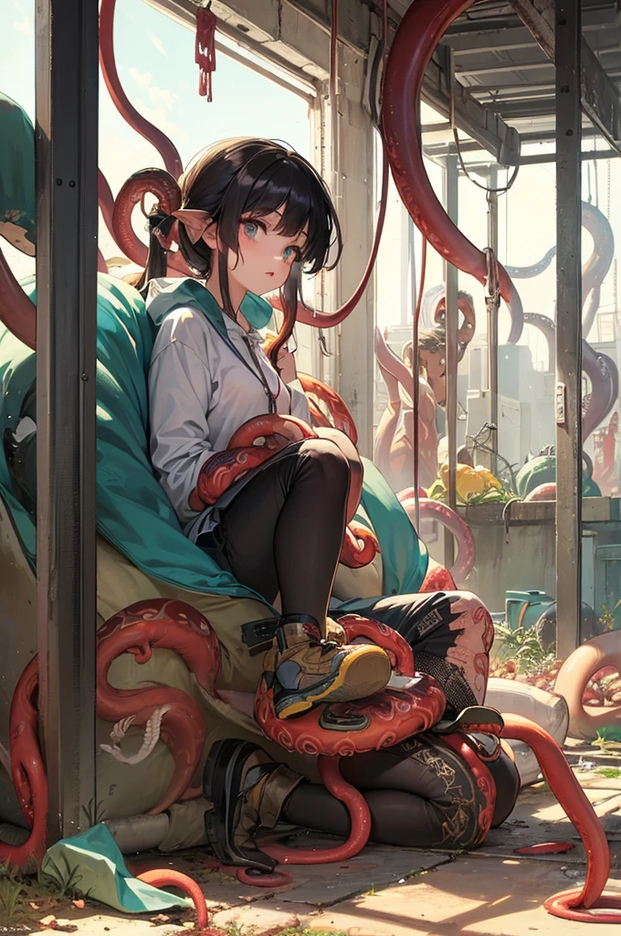 Girl captured by tentacles in abandoned factory　Tentacles in a skirt　Pants fabric texture　