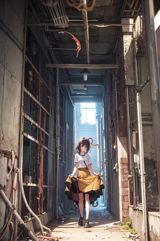 Girl captured by tentacles in abandoned factory　Tentacles in a skirt　Pants fabric texture　