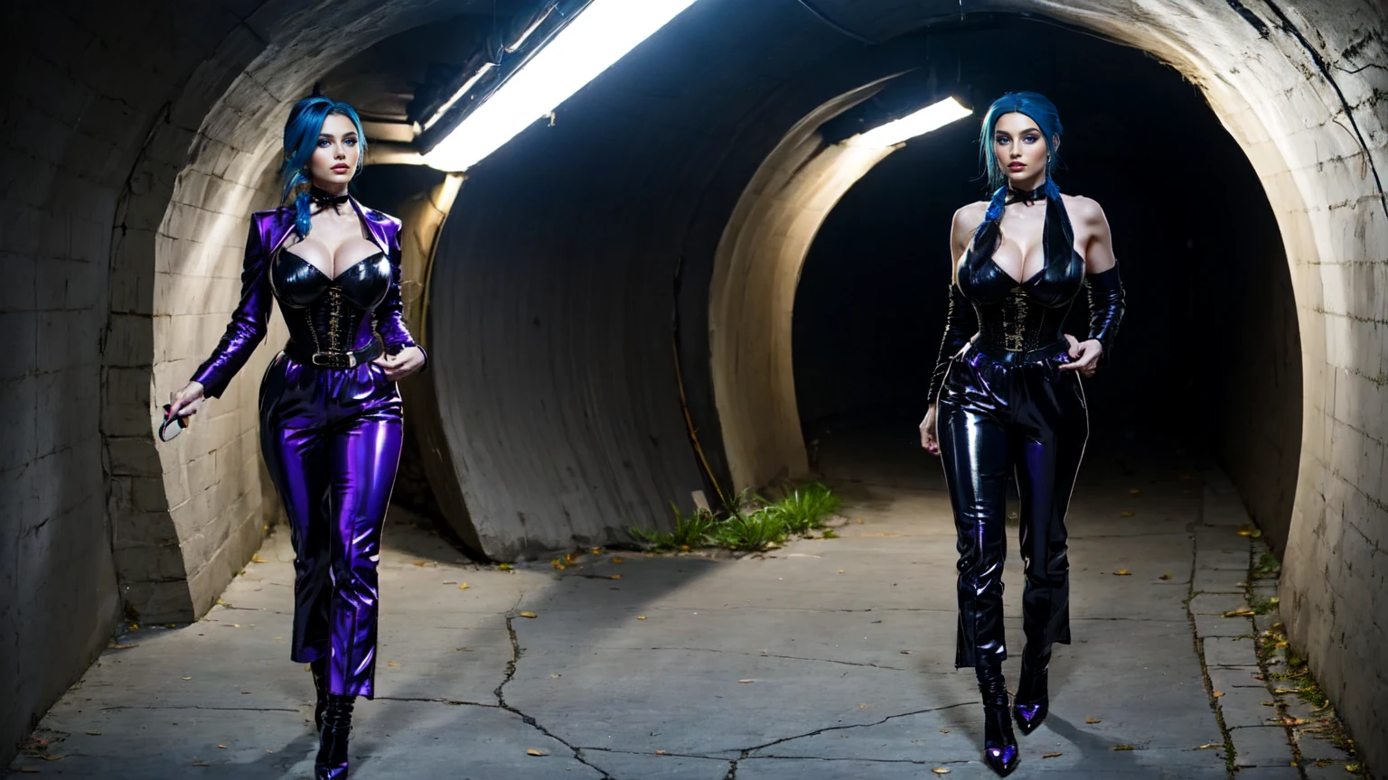 jinx, blue hair,blue long curly ponytail, blue leahter corset, black jacket, big breast, purpble tight leahter Trousers, purple belt, black long high heels boots,walking in a tunnel