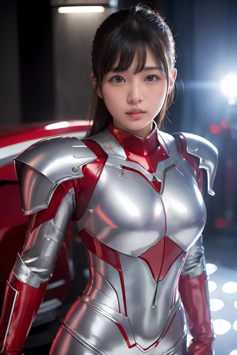 ultraman、realistic、realistic、cinema lighting, girl in shiny red and silver suit、15 years old、professional photos、don&#39;do not ...