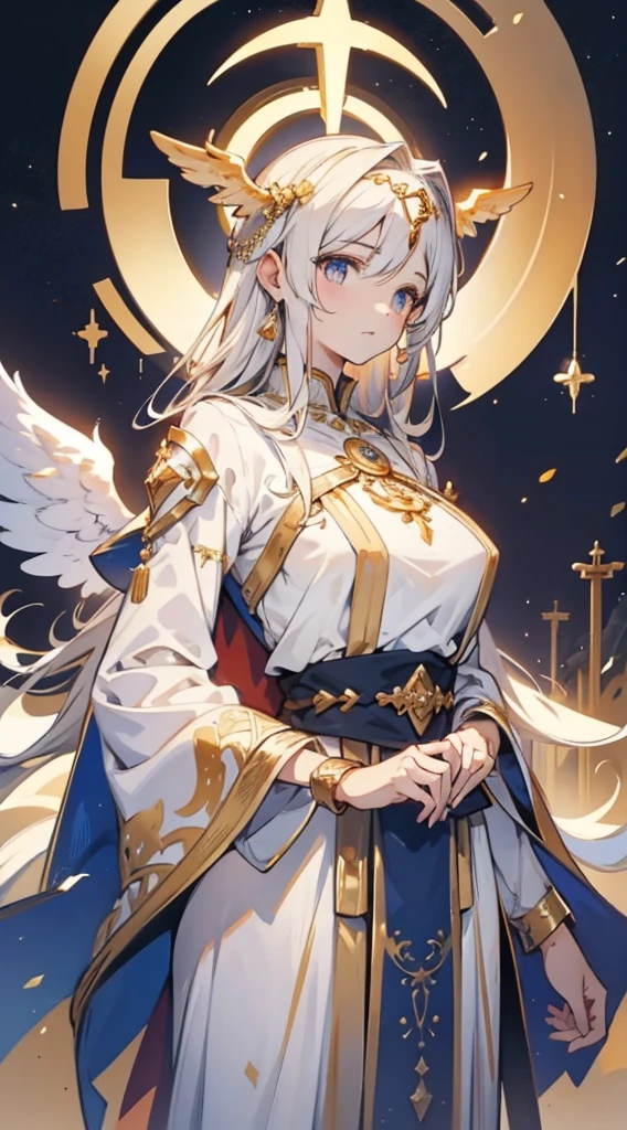 goddess，Fantasy style，Magic Style，Greek style，White gold color scheme，White and gold，goddess，Halo，Divinity，wing，wing，wing，wing，wing，Big breasts大屁股，Big breasts，Full figure，Royal sister，graceful，Noble temperament，robe，高开叉robe，Golden runes，Kingdom of Heaven background，Ancient Greek temple background，Close-up above the waist，Upper body close-up，Western style，Western style clothing，古希腊robe，Gods，Divinity，goddess