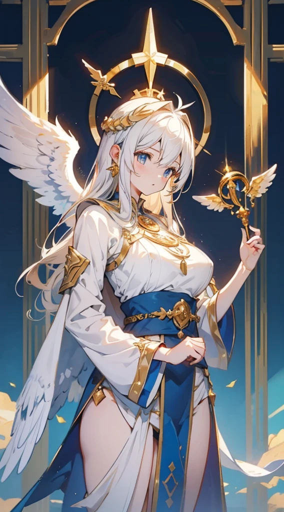 goddess，Fantasy style，Magic Style，Greek style，White gold color scheme，White and gold，goddess，Halo，Divinity，wing，wing，wing，wing，wing，Big breasts大屁股，Big breasts，Full figure，Royal sister，graceful，Noble temperament，robe，高开叉robe，Golden runes，Kingdom of Heaven background，Ancient Greek temple background，Close-up above the waist，Upper body close-up，Western style，Western style clothing，古希腊robe，Gods，Divinity，goddess