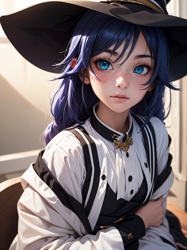 (masterpiece, Highest quality), One girl, roxy migurdia(Mushoku Tensei), One girl, alone, Small breasts, Long Hair, Black Hair, Witch Hat, Magic Runs Out, Weakness, Prone, Heterochromia iridis