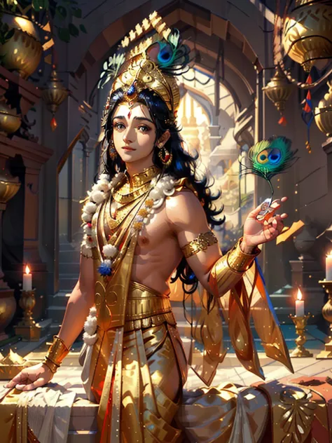 4k ultra, anime krishna, animekrishna, detailed face, detailed a close up of Lord Krishna holding a lit candle in his hands, hin...