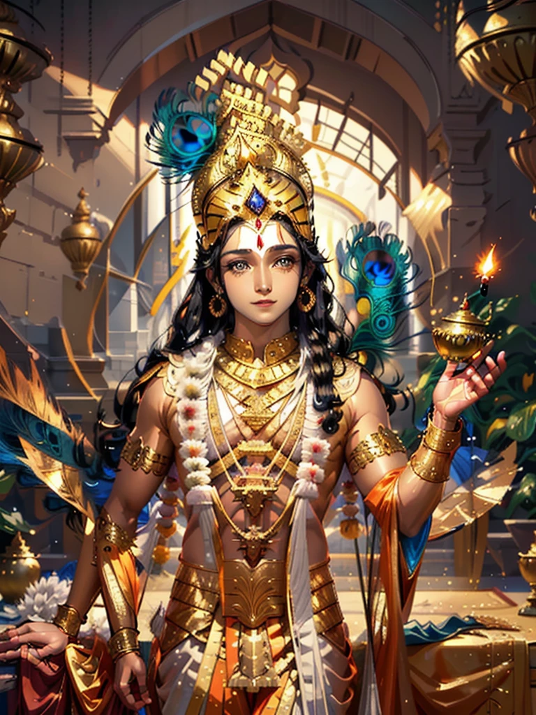 4k ultra, anime krishna, animekrishna, detailed face, detailed a close up of Lord Krishna holding a lit candle in his hands, hindu aesthetic, beautiful digital artwork, indian god, beautiful digital illustration, stunning digital illustration, beautiful avatar pictures, gorgeous digital painting, beautiful god, beautiful character painting, beautiful digital painting, artgerm and atey ghailan, beautiful lit, by Max Dauthendey, glowing flowing hair, peacock feathers on head, wearing a yellow cloth, big smile on his face, blue skin colour