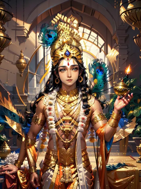 4k ultra, anime krishna, animekrishna, detailed face, detailed a close up of Lord Krishna holding a lit candle in his hands, hin...