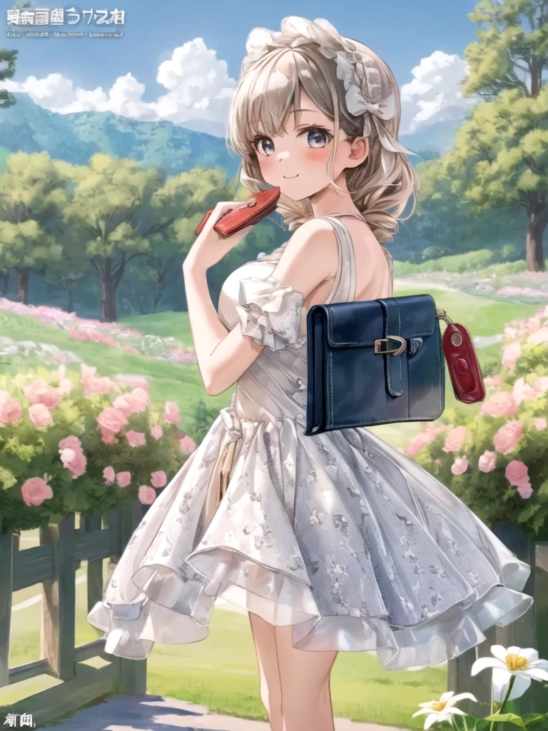 masterpiece, High resolution, 2D, a girl with a cute dress, frilled dress,  dress, An incredibly charming carrying a wallet, (wallet:1.2), Enjoy a lovely spring outing surrounded by beautiful flowers and natural scenery. イラストは4K解像度のHigh resolutionです, whole body 