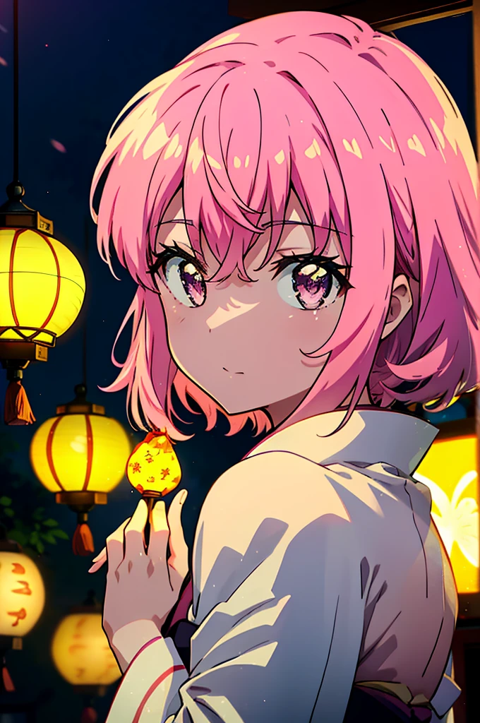 Louise Françoise Le Brun from La V全てiere,Pink Hair,Pink Eyes,White Kimono,Thick sleeves,日本のfestival,夏festivalの屋台,Red Lantern,night,night空のfirework,firework,場所はfirework大会,時間はnightです,sunny day,turn around,It&#39;s as if your whole body is in the illustration.,walking,　　　　　　　　　　　　　　　  　　　　　break looking at viewer, Upper Body, (Cowboy Shot:1. 5),  　　　　　
break outdoors, festival,shrine,
break (masterpiece:1.2), Highest quality, High resolution, unity 8k wallpaper, (shape:0.8), (Beautiful attention to detail:1.6), Highly detailed face, Perfect lighting, Extremely detailed CG, (Perfect hands, Perfect Anatomy),