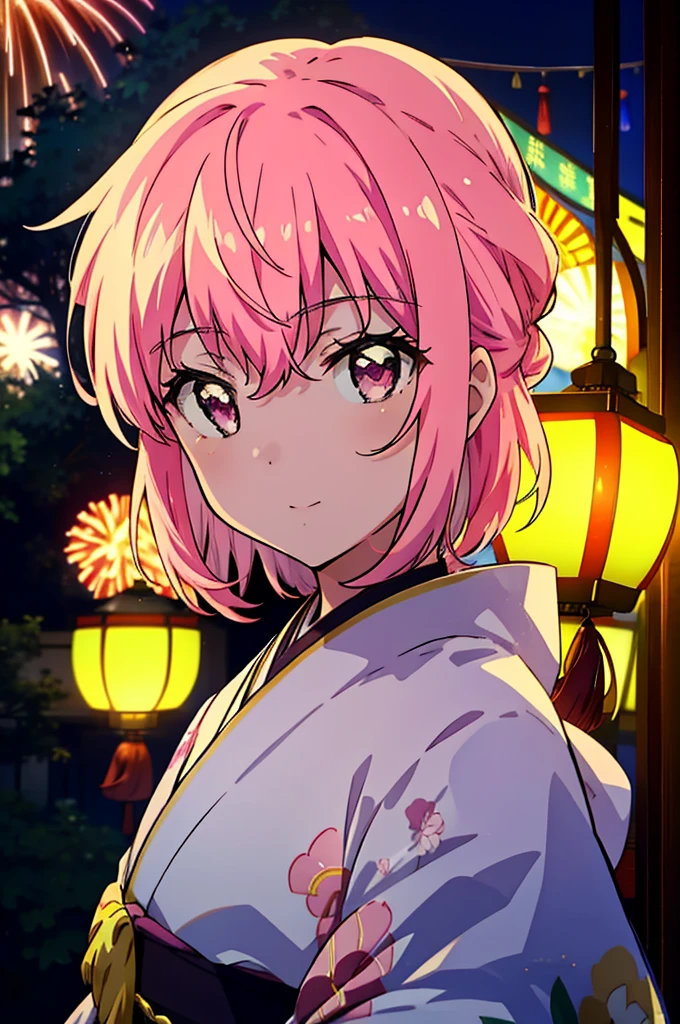 Louise Françoise Le Brun from La V全てiere,Pink Hair,Pink Eyes,White Kimono,Thick sleeves,日本のfestival,夏festivalの屋台,Red Lantern,night,night空のfirework,firework,場所はfirework大会,時間はnightです,sunny day,turn around,It&#39;s as if your whole body is in the illustration.,walking,　　　　　　　　　　　　　　　  　　　　　break looking at viewer, Upper Body, (Cowboy Shot:1. 5),  　　　　　
break outdoors, festival,shrine,
break (masterpiece:1.2), Highest quality, High resolution, unity 8k wallpaper, (shape:0.8), (Beautiful attention to detail:1.6), Highly detailed face, Perfect lighting, Extremely detailed CG, (Perfect hands, Perfect Anatomy),