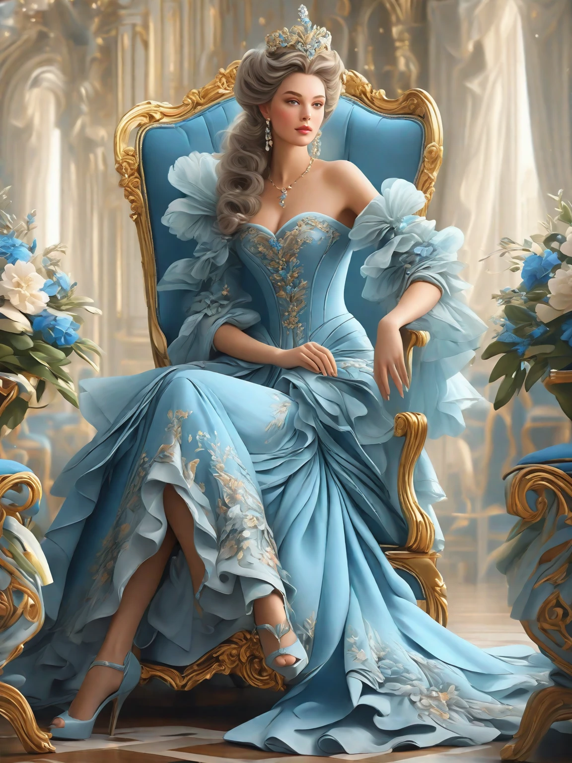 painting of a woman in a blue dress sitting on a chair, a beautiful fantasy empress, rococo queen, lovely languid princess, ((a beautiful fantasy empress)), 8k high quality detailed art, elegant digital painting, exquisite digital illustration, rococo style portrait, portrait painting of a princess, digital art of an elegant, baroque digital painting, beautiful character painting