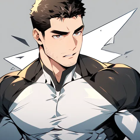 anime characters：chris redfield, muscle sports student, buzz cut, manliness, male focus, dark black high collar long sleeve tigh...