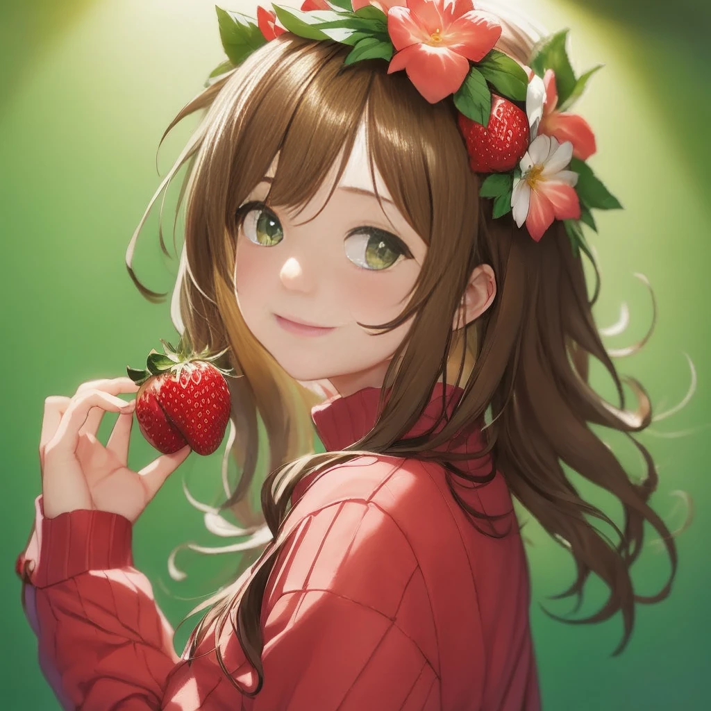 menina anime com coroa de flores segurando um morango na mão, Retrato realista kawaii, pessoal, linda garota de anime, visual de anime de uma linda garota, estilo de arte anime moe, linda garota de anime portrait, estilo de arte de anime de alta qualidade, vou fazer fanart também, [[[[sorrindo maldosamente]]]], retrato de alta qualidade, linda garota de anime portraits