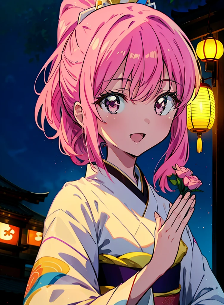 Louise Françoise Le Brun from La V全てiere,Pink Hair,Pink Eyes,Long Hair,ponytail,hair ornaments,happy smile, smile, Open your mouth,White Kimono,Thick sleeves,日本のfestival,夏festivalの屋台,Red Lantern,night,night空のfirework,firework,場所はfirework大会,時間はnightです,sunny day,turn around,まるでwhole bodyがイラストの中にいるかのように,walking,　　　　　　　　　　　　　　　  　　　　　break looking at viewer, whole body, (Cowboy Shot:1. 5),  　　　　　
break outdoors, festival,shrine,
break (masterpiece:1.2), Highest quality, High resolution, unity 8k wallpaper, (shape:0.8), (Beautiful attention to detail:1.6), Highly detailed face, Perfect lighting, Extremely detailed CG, (Perfect hands, Perfect Anatomy),