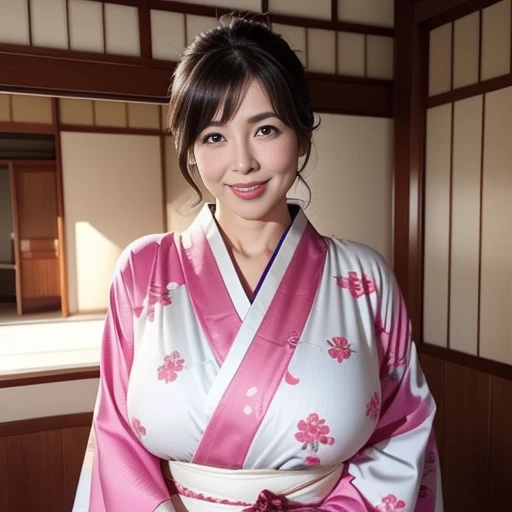 The most beautiful moms in Japan(Huge)、Wear a kimono that is open at the front、Traditional Japanese room、Huge breasts that are too big and saggy、January、With a smile、New Year Greetings