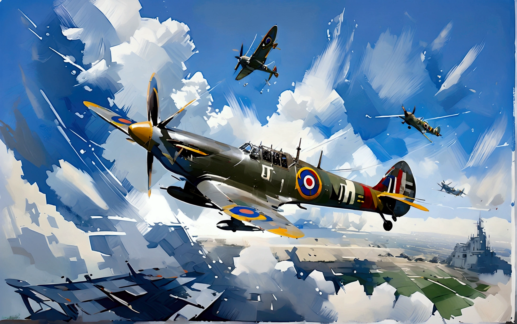 avion de chasse Spitfire de la Seconde Guerre mondiale , fond de ciel isolé fond blanc uni, illustration de Léonard, style vectoriel , peinture à l&#39;huile et à l&#39;aquarelle