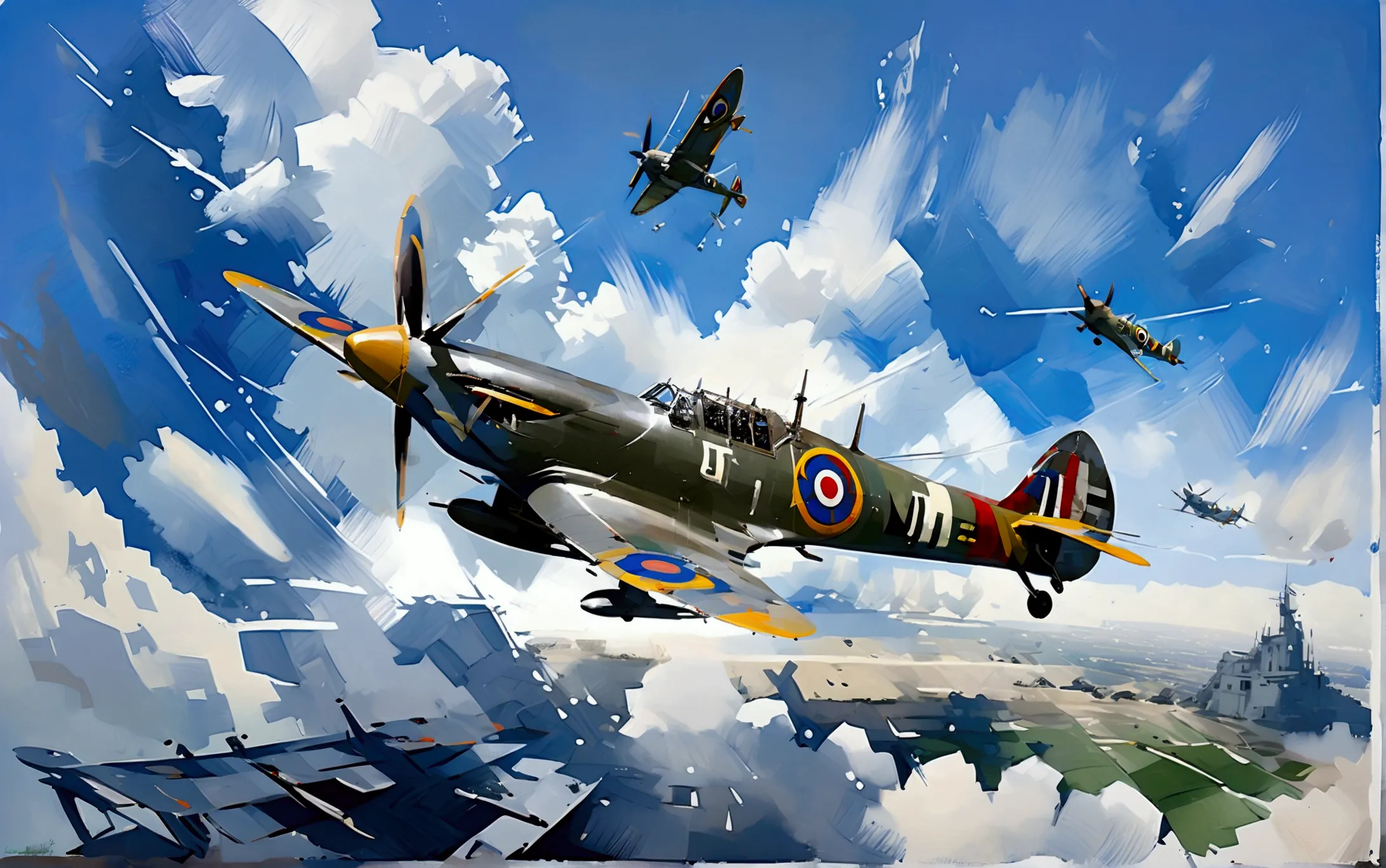 world war 2 flying spitfire aircraft , isolated sky background solid white background, leonardo illustration, vector style , oil...