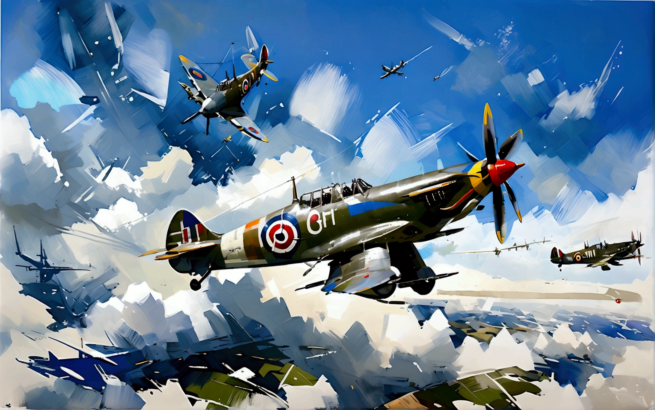 2. Weltkrieg fliegende Spitfire-Flugzeuge , isolierter himmelshintergrund fester weißer hintergrund, Leonardo-Abbildung, Vektorstil , Öl- und Aquarellmalerei