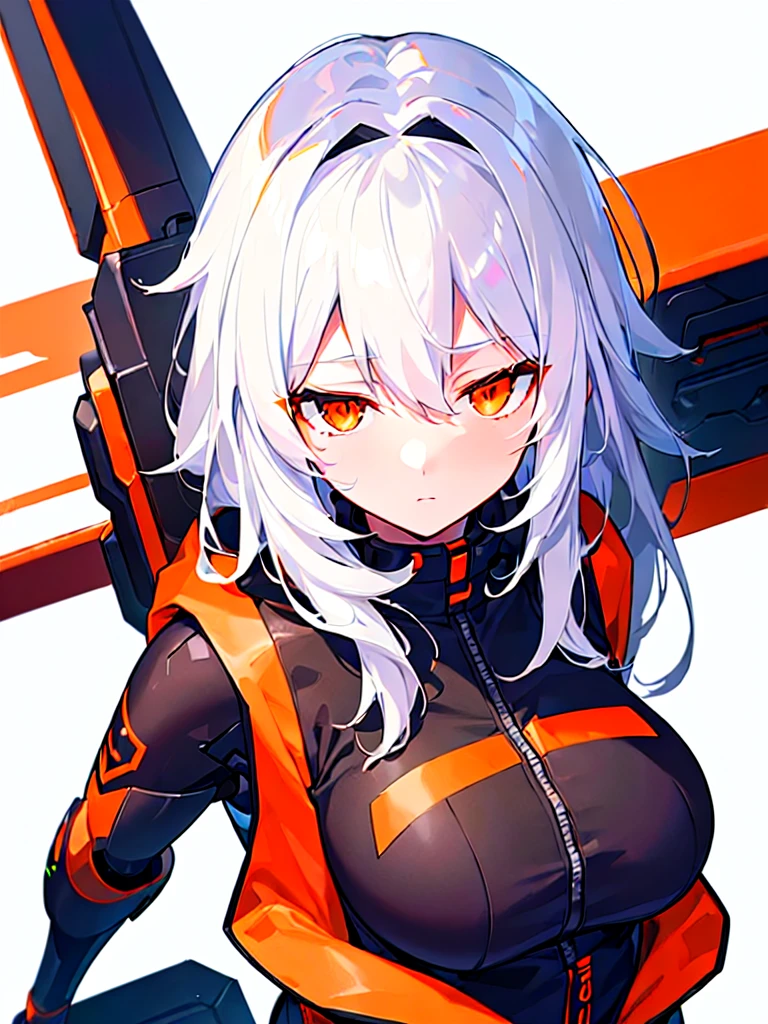 [(WHITE BACKGROUND:1.5),::5], ((((masterpiece)))), high quality, ultra very high resolution, full color, (((solo))), ((Mecha musume)), girl, ((WHITE hair)), orange streaked hair, (orange eyes), anime, ((upper body)), black parka, Black cyborg armor, ((scorn))