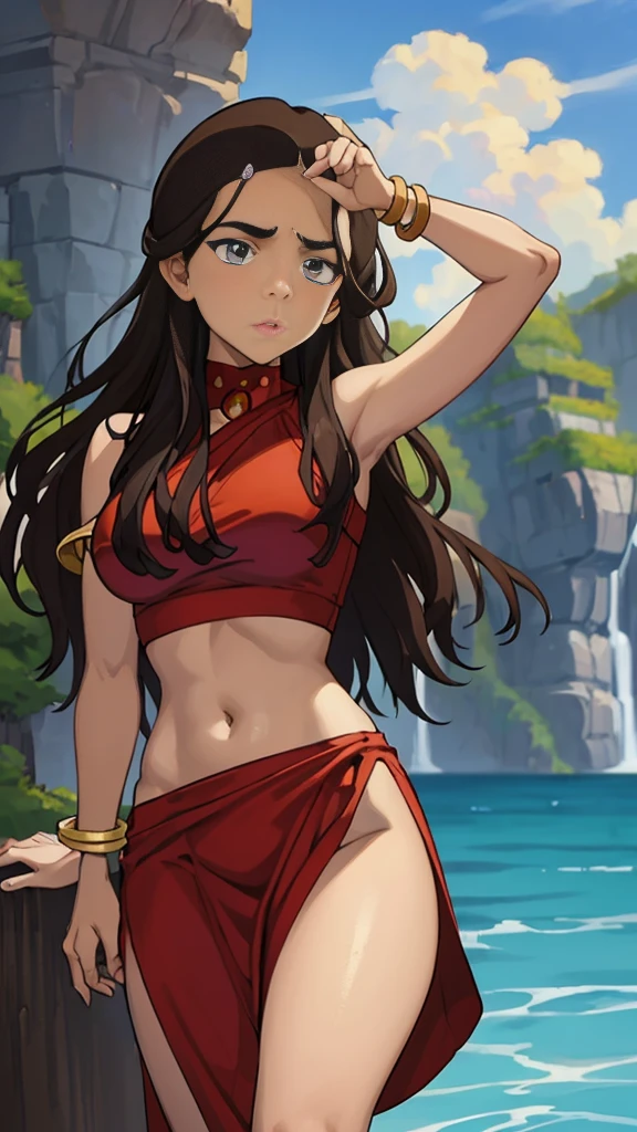 masterpiece, best quality, highres, highest quality, absurdres, kataras3, dark skin, traditional media, (painting \(medium\)), bracelet, long hair, brown hair, crop top, midriff, navel, sharp expressive eyes, perfect face, wide hips, thick lineart, atmospheric lighting, smooth, beautifully detailed riverbank background, cinematic composition, Joe Madureira,  red clothing, 