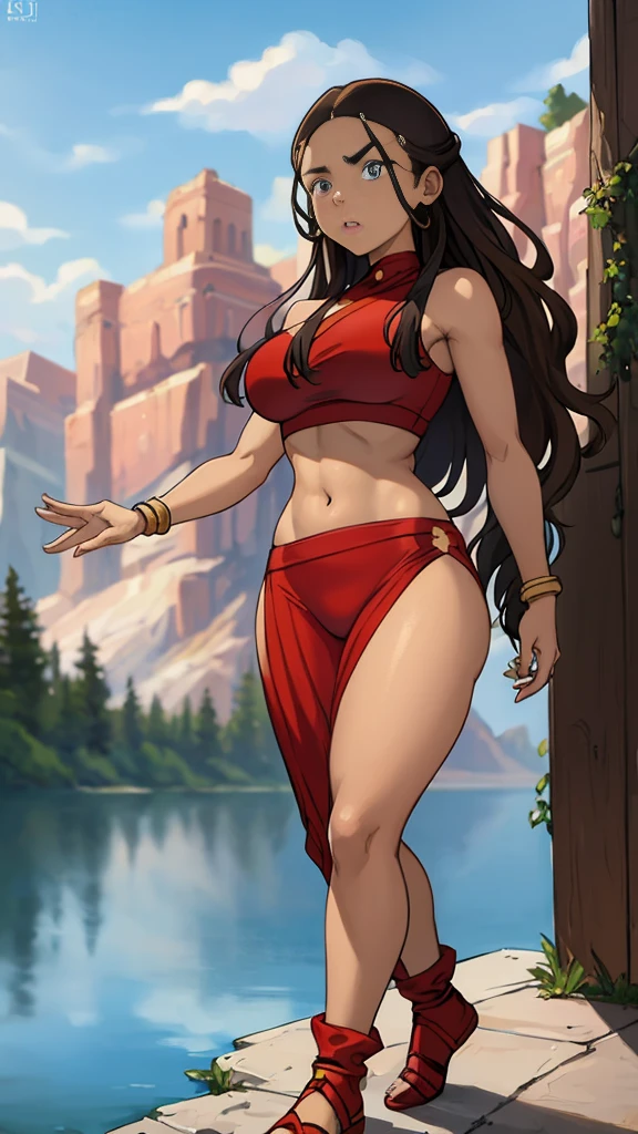 masterpiece, best quality, highres, highest quality, absurdres, kataras3, dark skin, traditional media, (painting \(medium\)), bracelet, long hair, brown hair, crop top, midriff, navel, sharp expressive eyes, perfect face, wide hips, thick lineart, atmospheric lighting, smooth, beautifully detailed riverbank background, cinematic composition, Joe Madureira,  red clothing, 