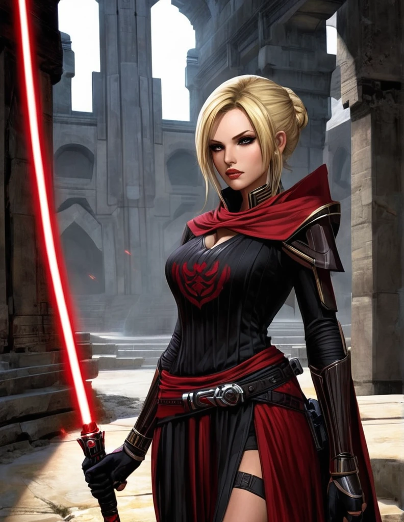 Une femme au cheveux longs blonde, seule,  apparence sensuelle, seigneur sith, inspiré de star Wars old republic, en armure moulante noir, marche dans des ruines d'un temple sith de koriban sombre, sabre laser rouge en main, a un regard fort, des yeux doré, un visage doux  et autoritaire , démarche gracieuse, courbes parfaite pour le corps en sablier, hanche ronde en forme de coeur.