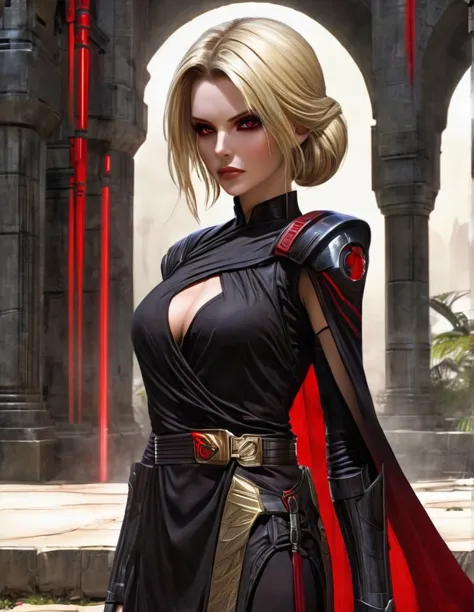 une femme au cheveux longs blonde, seule,  apparence sensuelle, seigneur sith, inspiré de star wars old republic, en armure moul...