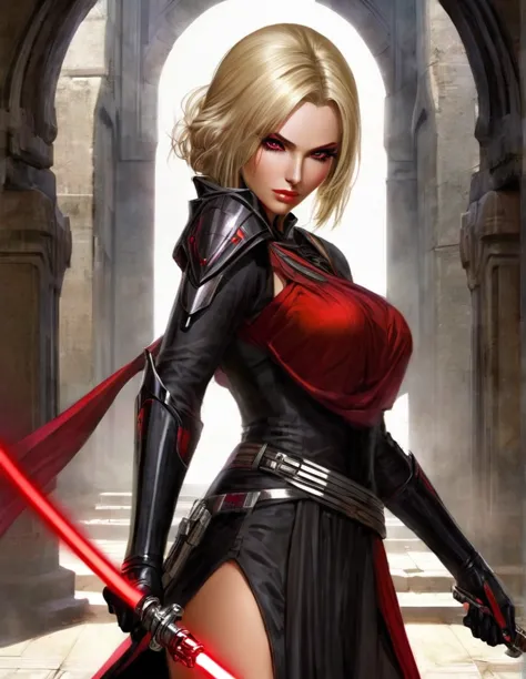 une femme au cheveux longs blonde, seule,  apparence sensuelle, seigneur sith, inspiré de star wars old republic, en armure moul...