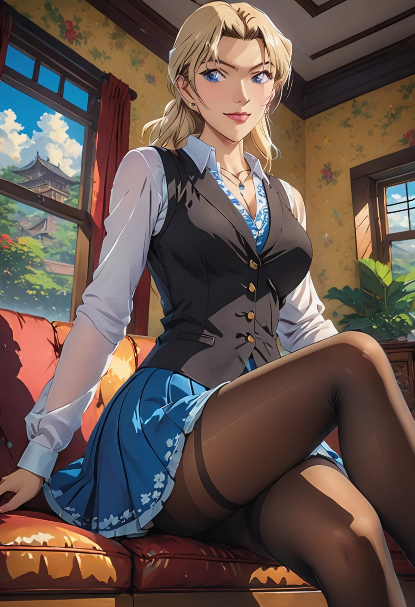 (masterpiece, best quality:1.2), ((Extremely detailed)), high resolution, Anime style , photo, photography, Detailed background,1. Beautiful woman Lei Dianming, (Pantyhose), boots,Cowboy shooting, Looking at the audience,A faint smile, earrings, skirt, Necklace, Vest, Cross your legs, From below, On the sofa, Windows, living room,Anime style，blond