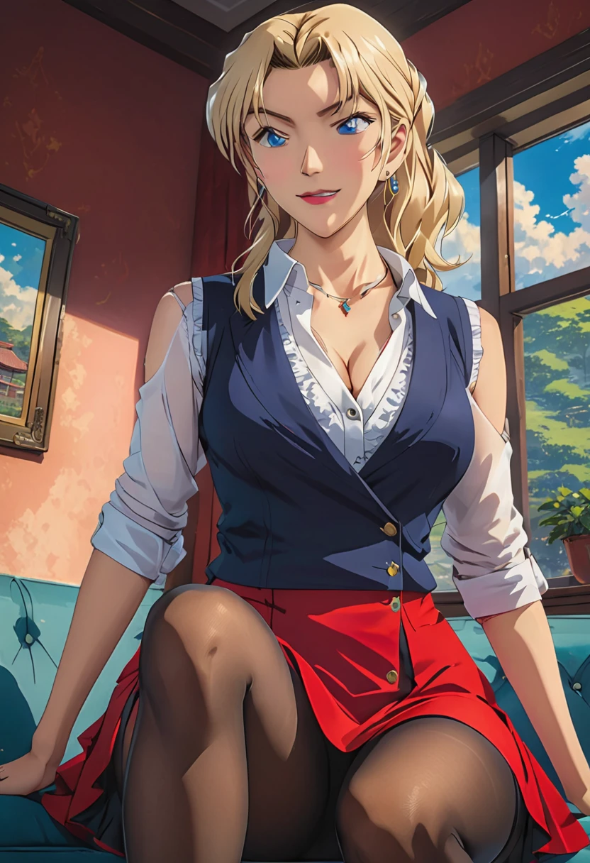 (masterpiece, best quality:1.2), ((Extremely detailed)), high resolution, Anime style , photo, photography, Detailed background,1. Beautiful woman Lei Dianming, (Pantyhose), boots,Cowboy shooting, Looking at the audience,A faint smile, earrings, skirt, Necklace, Vest, Cross your legs, From below, On the sofa, Windows, living room,Anime style，blond