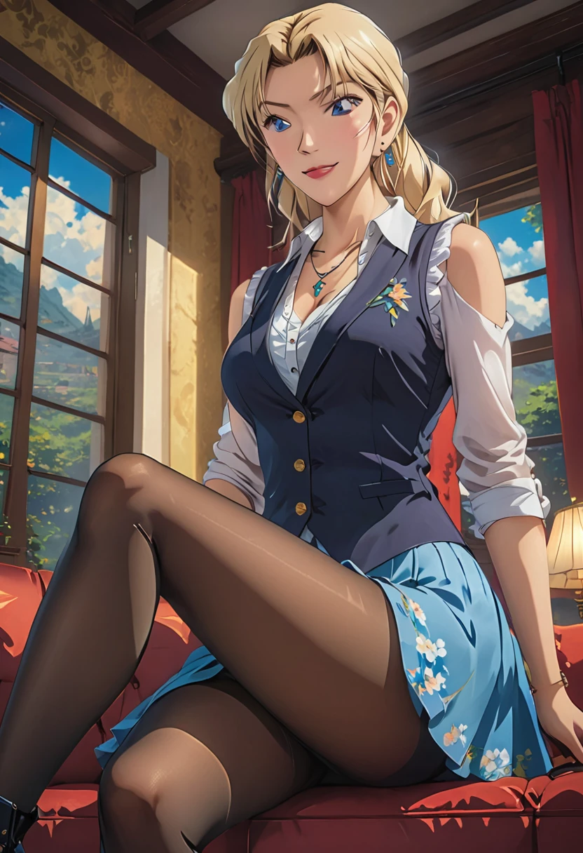 (masterpiece, best quality:1.2), ((Extremely detailed)), high resolution, Anime style , photo, photography, Detailed background,1. Beautiful woman Lei Dianming, (Pantyhose), boots,Cowboy shooting, Looking at the audience,A faint smile, earrings, skirt, Necklace, Vest, Cross your legs, From below, On the sofa, Windows, living room,Anime style，blond